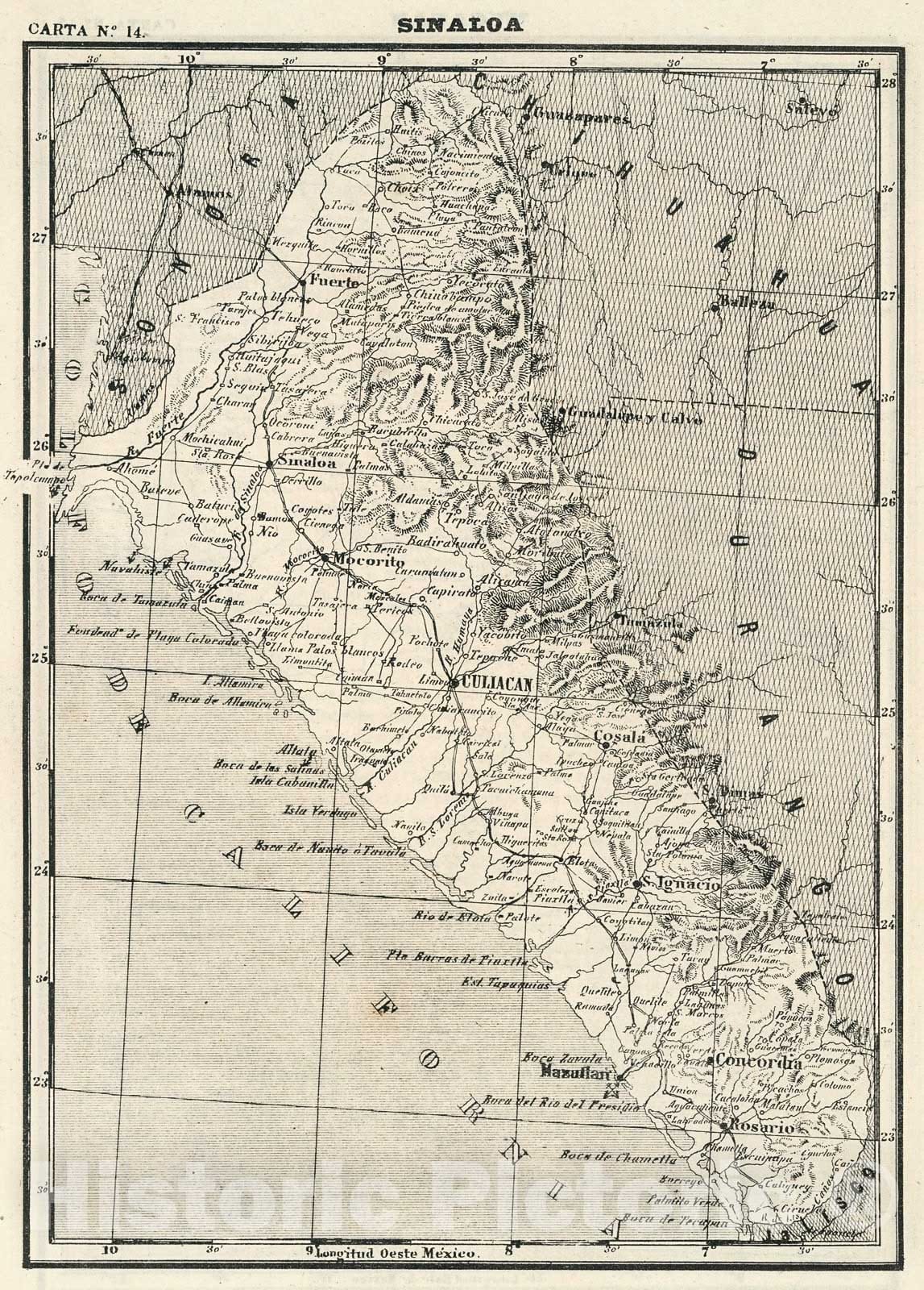 Historic Map : Text and Map: X. Sinaloa. Carta No. 14., 1874, Vintage Wall Decor