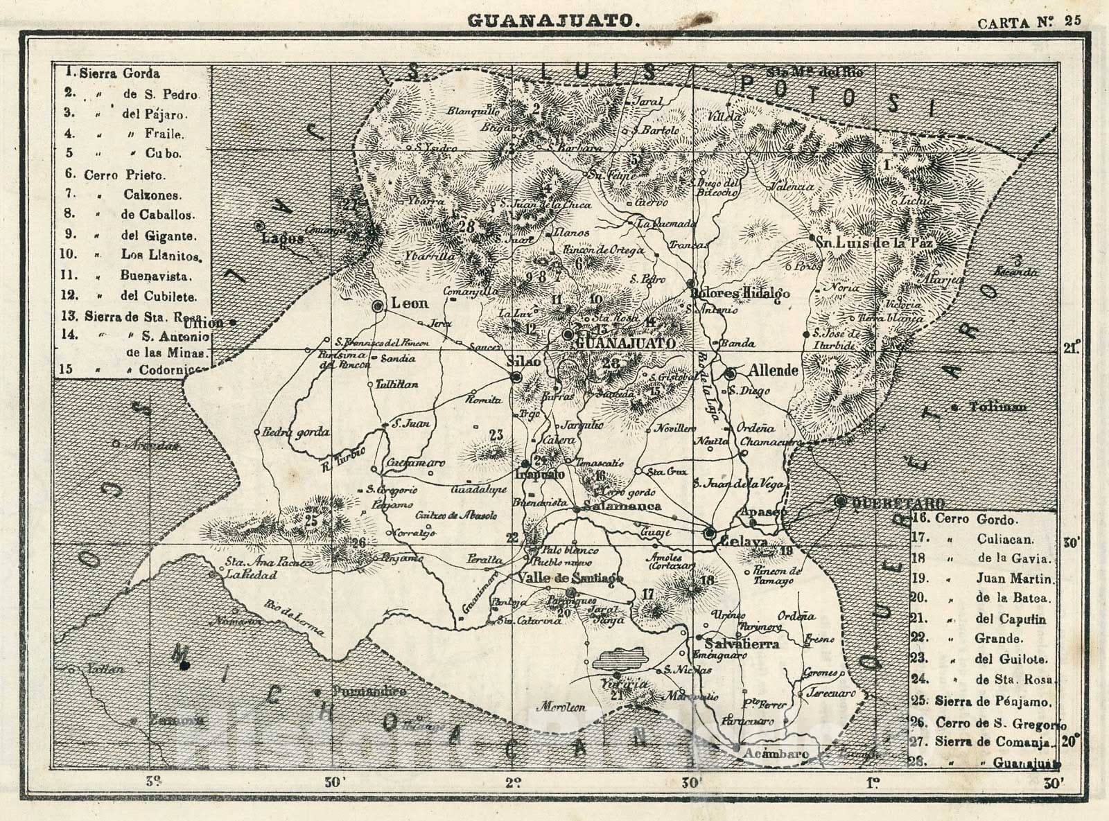 Historic Map : Text and Map: XXI. Guanajuato. Carta No. 25., 1874, Vintage Wall Decor