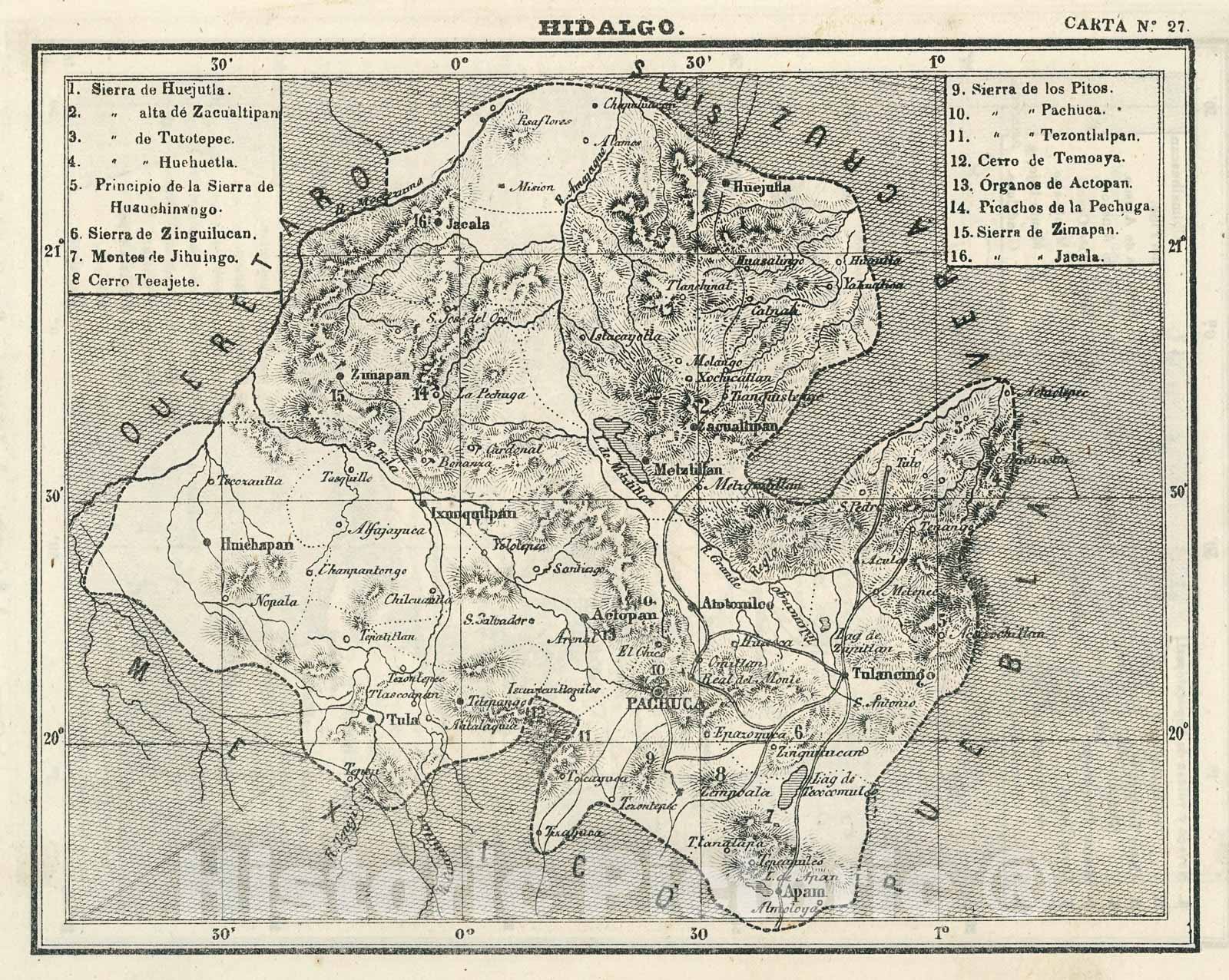 Historic Map : Text and Map: XXIII. Hidalgo. Carta No. 27., 1874, Vintage Wall Decor