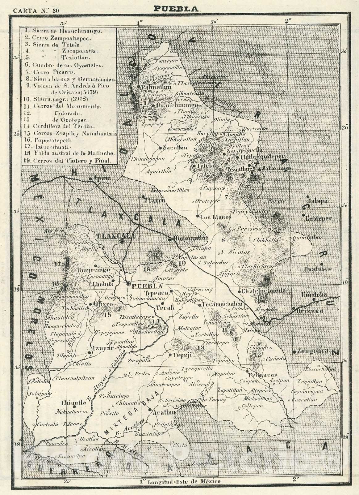 Historic Map : Text and Map: XXVI. Puebla. Carta No. 30., 1874, Vintage Wall Decor