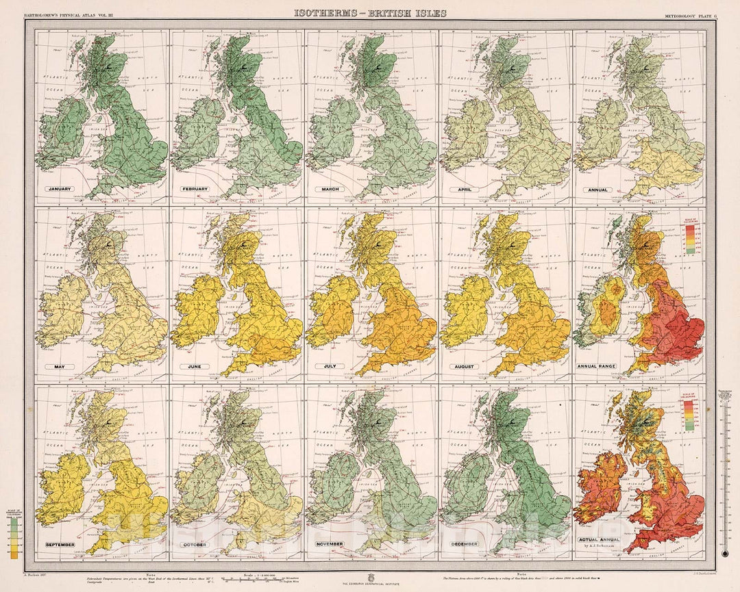 Historic Map : Plate 6. Isotherms - British Isles., 1899, Vintage Wall Decor
