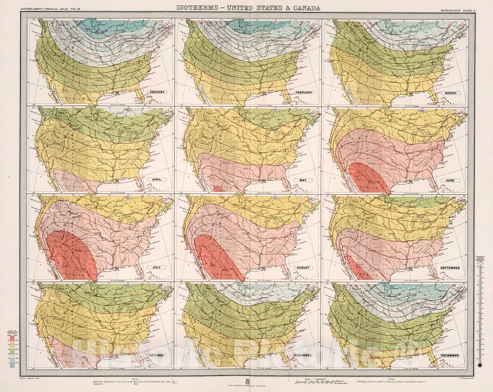 Historic Map : Plate 8. Isotherms - United States & Canada., 1899, Vintage Wall Decor