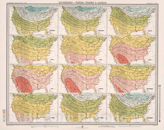 Historic Map : Plate 8. Isotherms - United States & Canada., 1899, Vintage Wall Decor