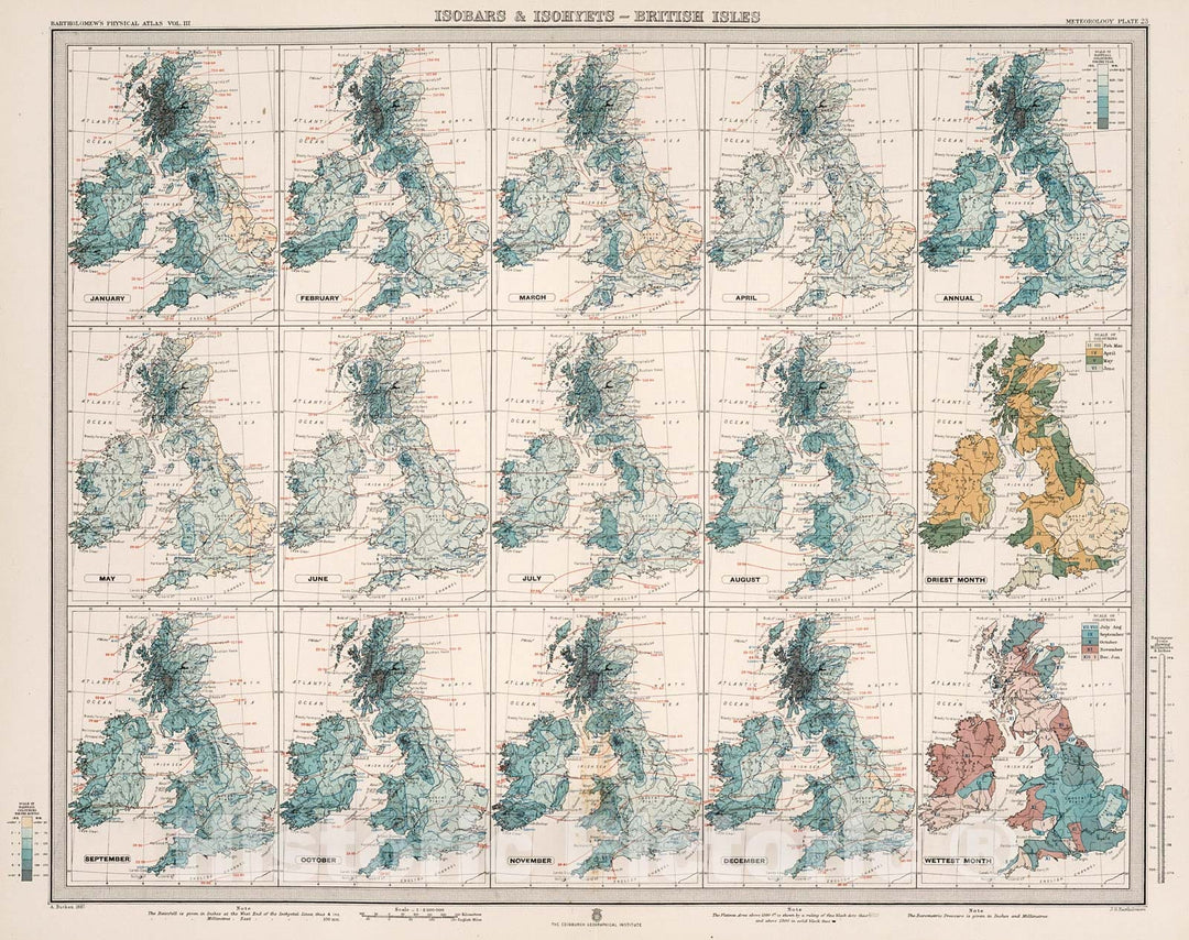 Historic Map : Plate 23. Isobars & Isohyets - British Isles., 1899, Vintage Wall Decor