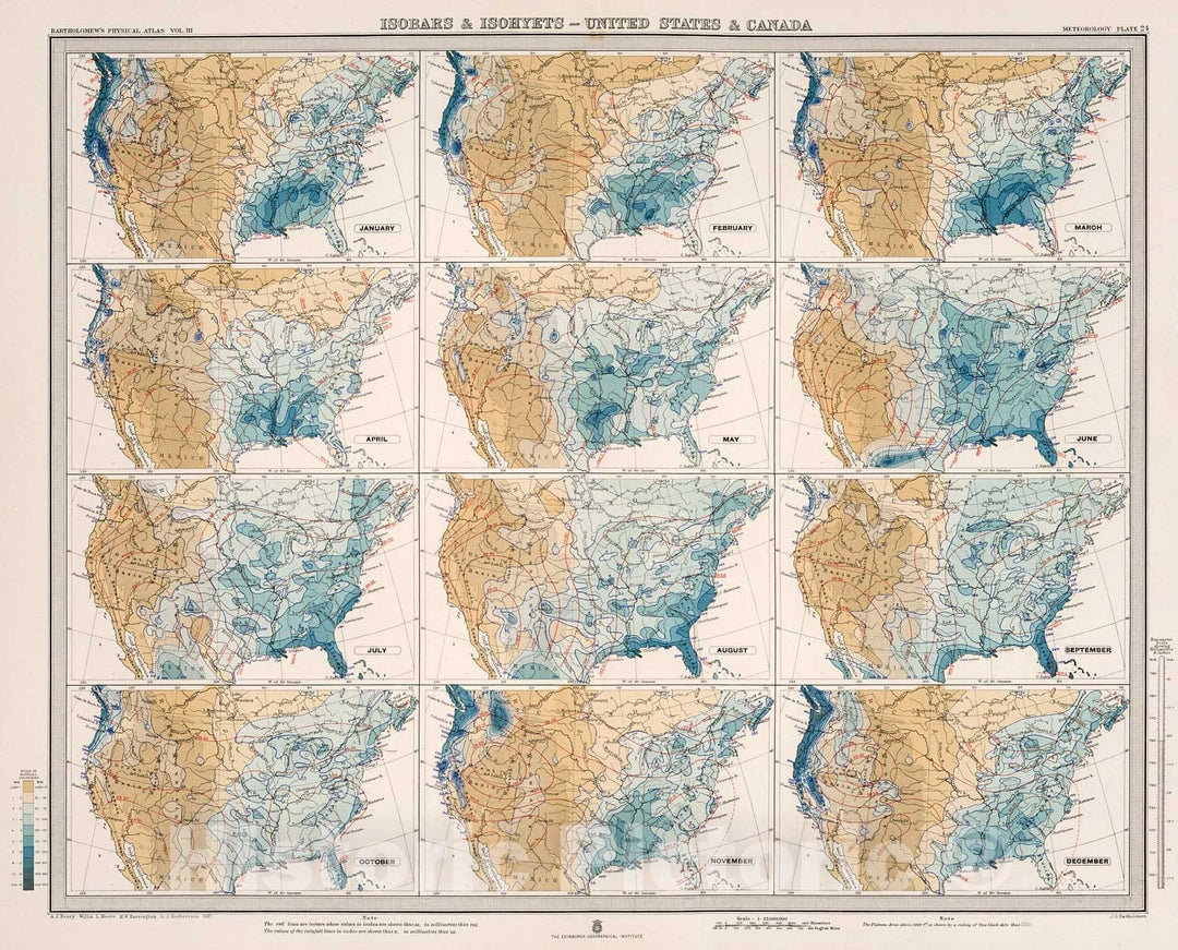 Historic Map : Plate 24. Isobars & Isohyets - United States & Canada., 1899, Vintage Wall Decor
