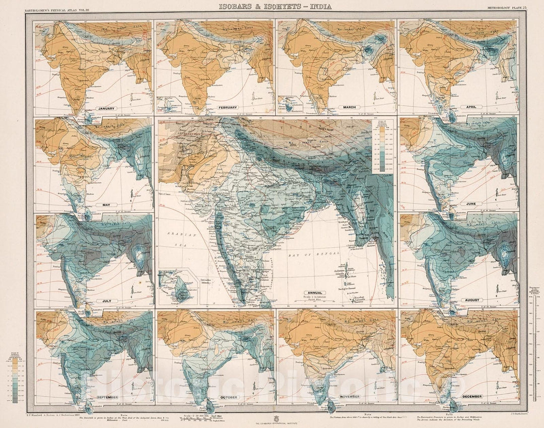 Historic Map : Plate 25. Isobars & Isohyets - India., 1899, Vintage Wall Decor