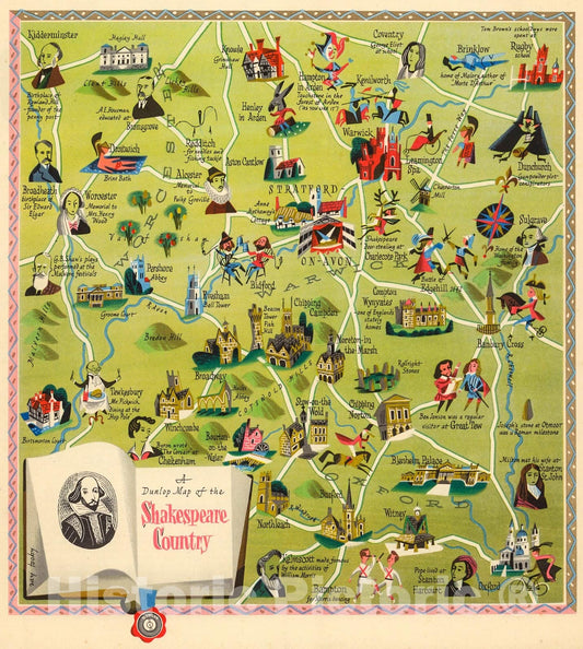 Historic Map : A Dunlop Map of the Shakespeare Country..., 1937, Vintage Wall Decor