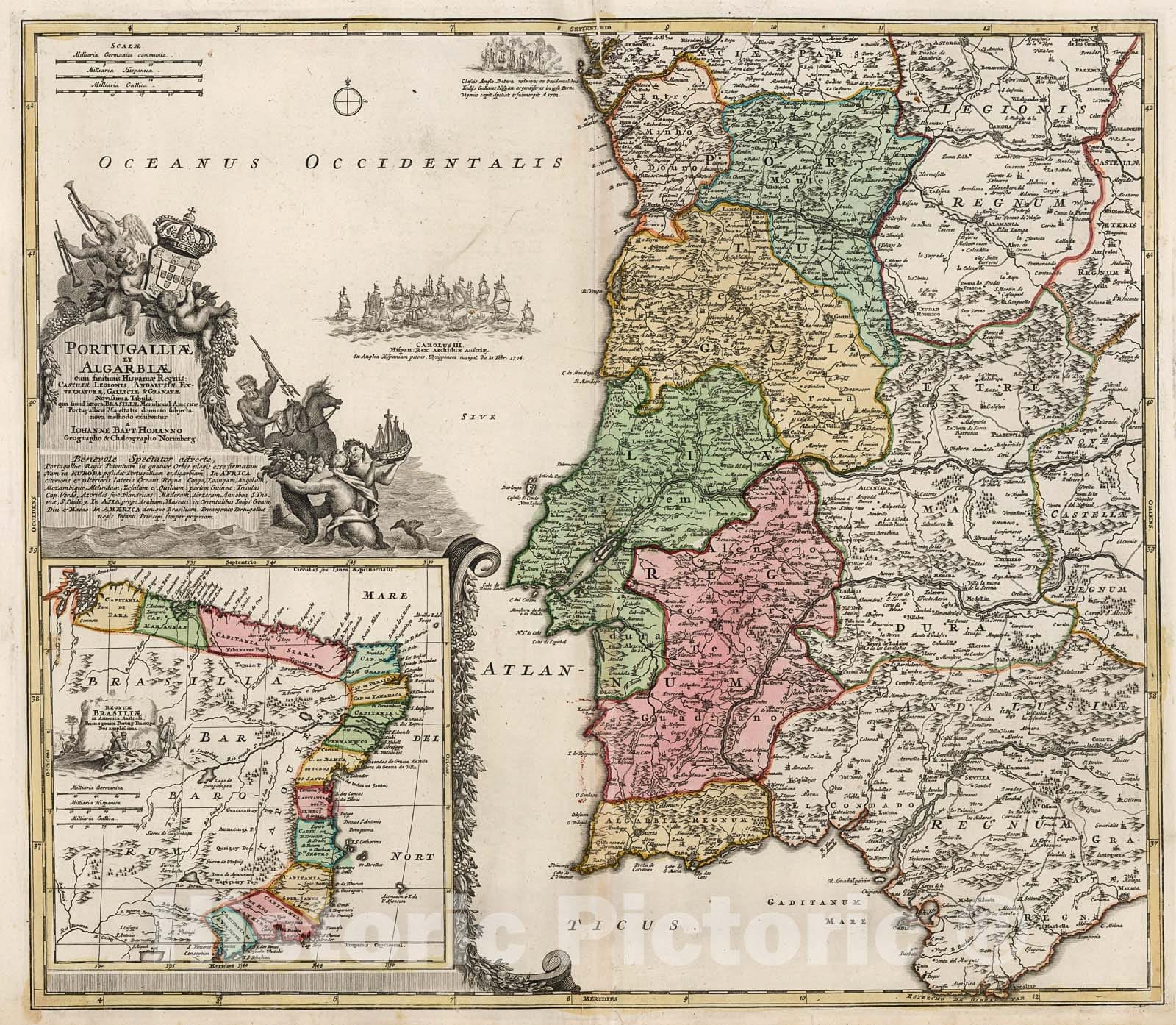 Historic Map : Portugalliae et Algarbiae. (inset) Regnum Brasilin., 1716, Vintage Wall Decor