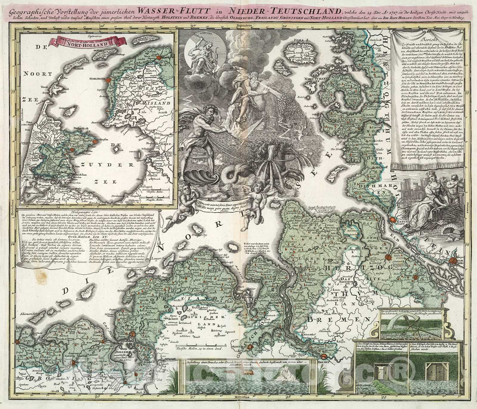 Historic Map : Wasser Flutt in Nieder Teutschland., 1716, Vintage Wall Decor