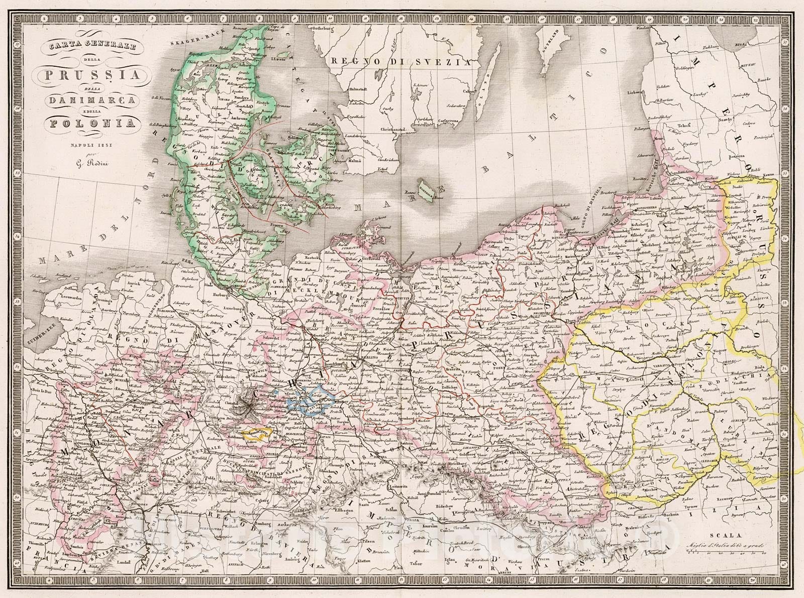 Historic Map : Carta Generale della Prussia, Danimarca e della Polonia., 1859, Vintage Wall Decor