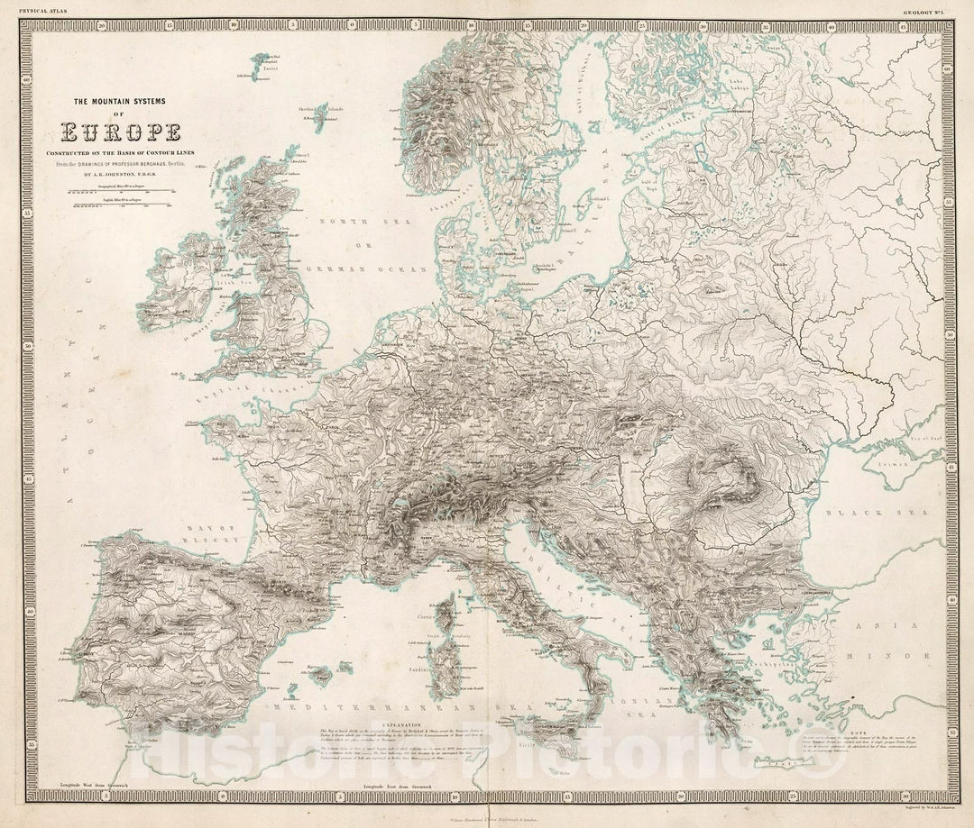 Historic Map : The Mountain Systems of Europe., 1850, Vintage Wall Decor