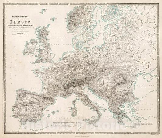 Historic Map : The Mountain Systems of Europe., 1850, Vintage Wall Decor