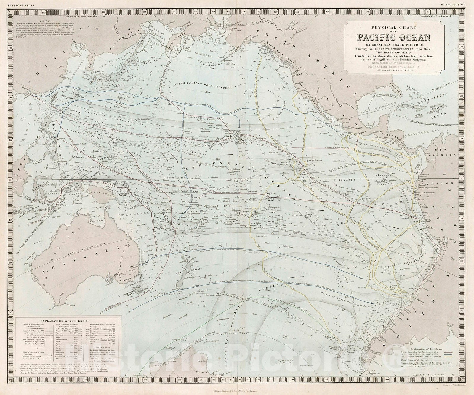 Historic Map : Physical Chart of the Pacific Ocean., 1850, Vintage Wall Decor