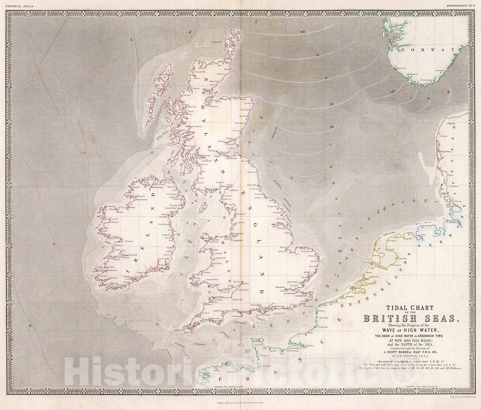 Historic Map : Tidal Chart of the British Seas., 1850, Vintage Wall Decor