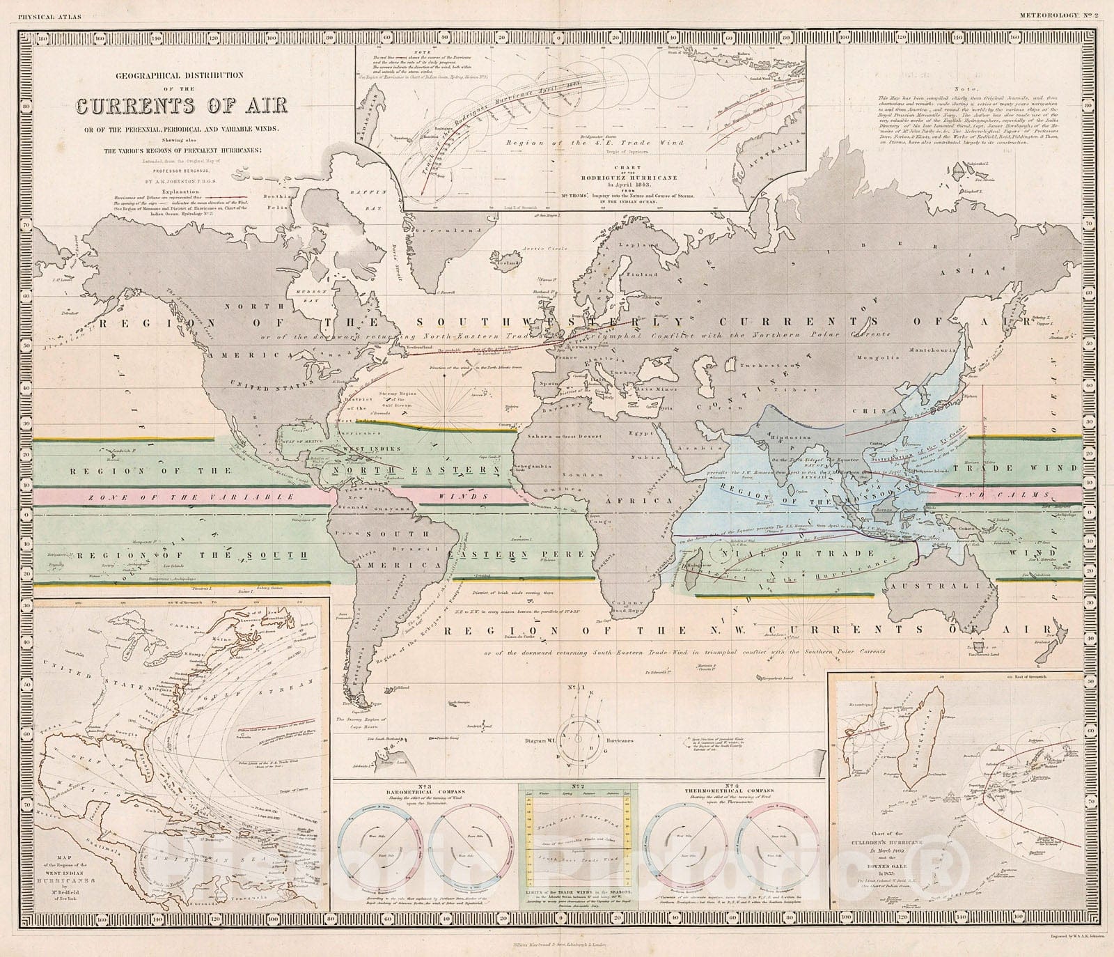 Historic Map : Geographic Distribution of the Currents of Air., 1850, Vintage Wall Decor