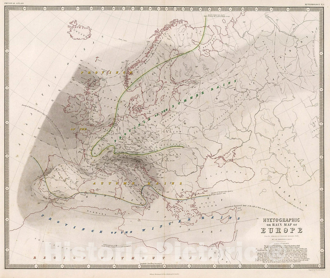 Historic Map : Hyetographic or Rain Map of Europe., 1850, Vintage Wall Decor
