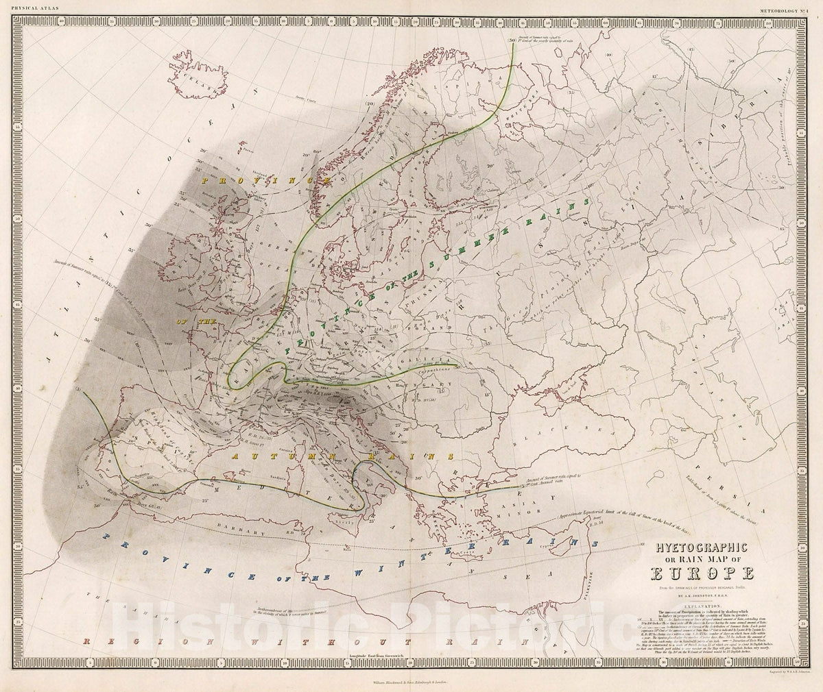 Historic Map : Hyetographic or Rain Map of Europe., 1850, Vintage Wall Decor