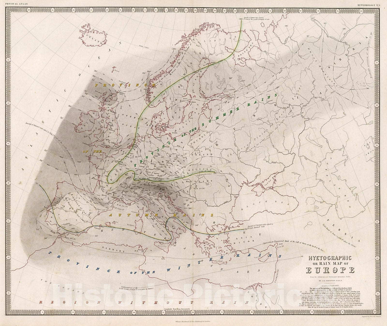 Historic Map : Hyetographic or Rain Map of Europe., 1850, Vintage Wall Decor