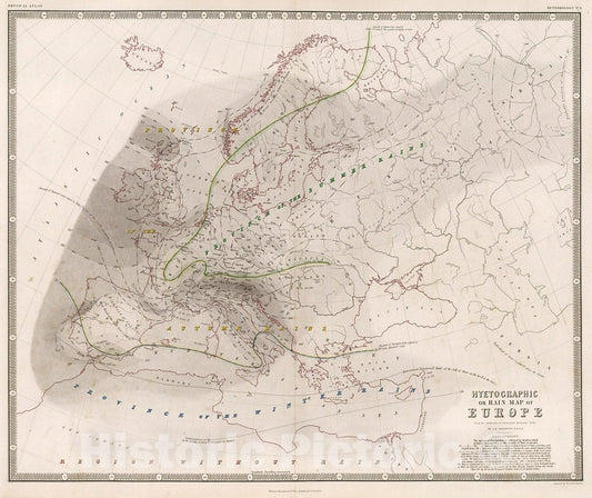 Historic Map : Hyetographic or Rain Map of Europe., 1850, Vintage Wall Decor