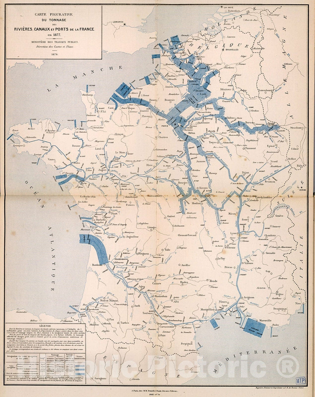 Historic Map : Carte Figurative du Tonnage des Rivieres, Canaux et Ports de la France en 1877., 1879, Vintage Wall Decor