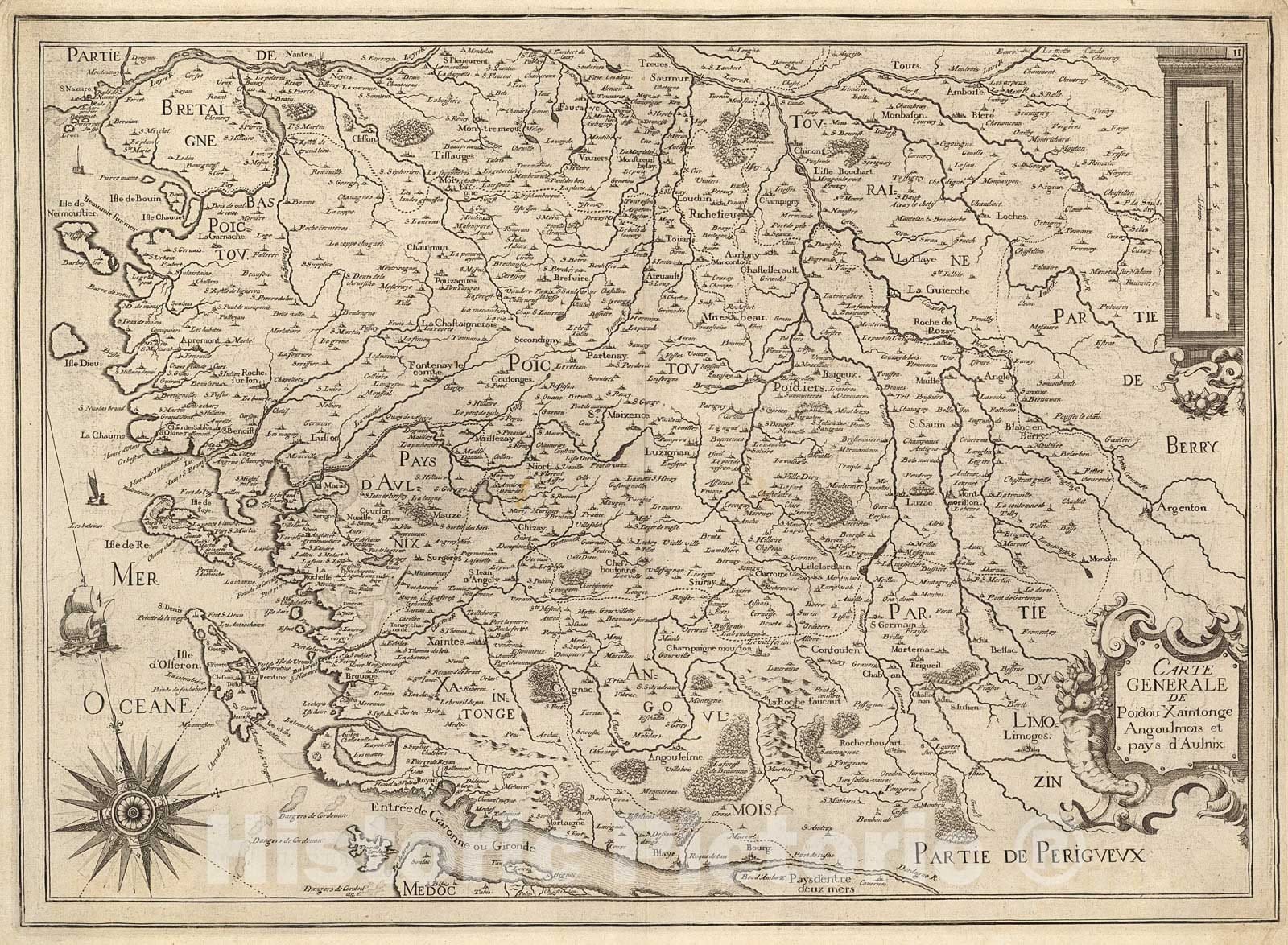 Historic Map : Carte general de de Poictou, Xaintonge, Angoulmois et Pays d'Aulnix, 1650, Vintage Wall Decor