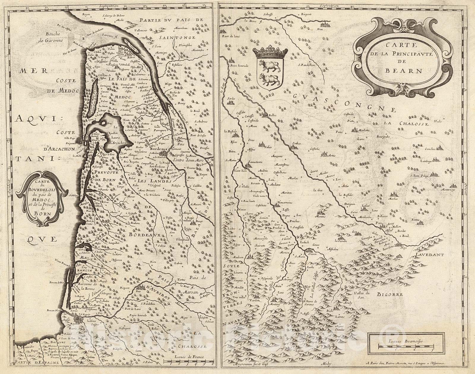 Historic Map : Carte du Bourdelois du pais de medoc ... Carte de la Principalute de Bearn, 1650, Vintage Wall Decor
