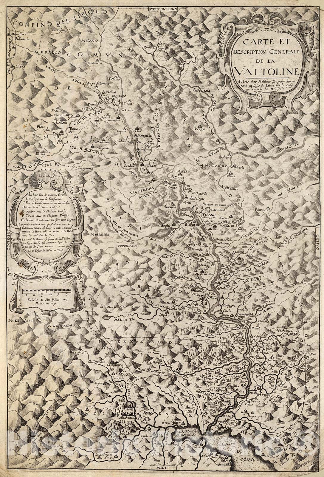 Historic Map : Carte et description generale de la Valtoline, 1650, Vintage Wall Decor