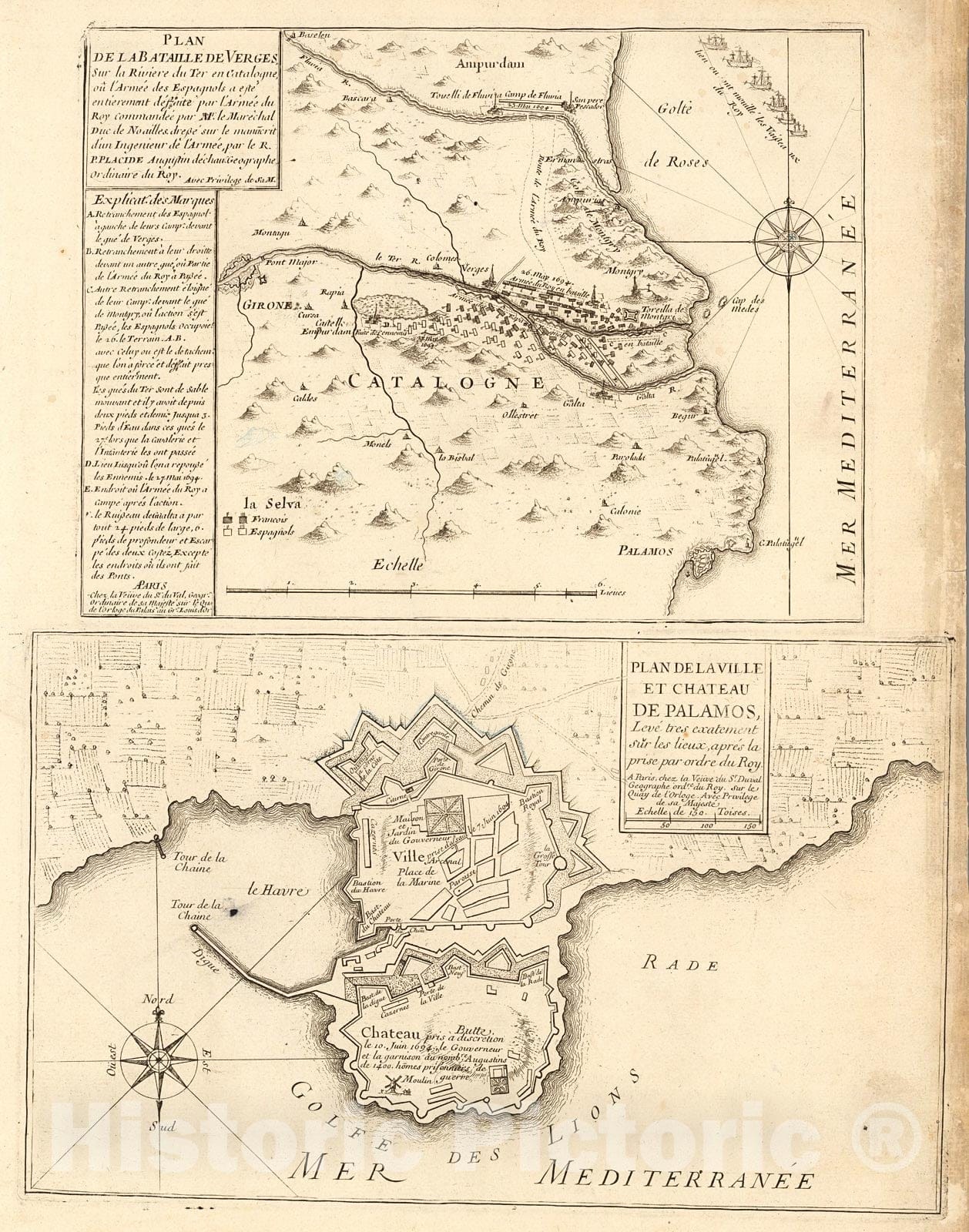 Historic Map : lan de la bataille de Verges. Plan de la Ville et Chateau de Palamos, 1714, Vintage Wall Decor