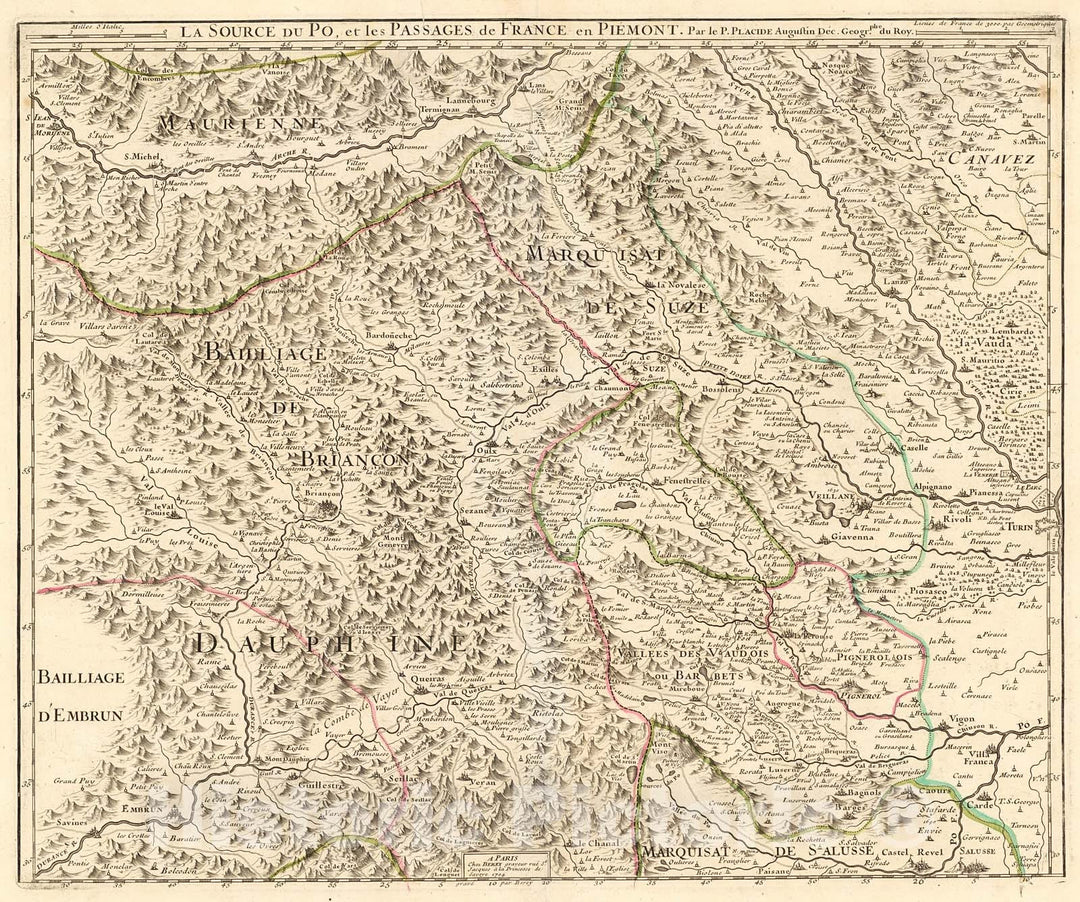 Historic Map : La source du Po, et passages de France en Piemont, 1714, Vintage Wall Decor