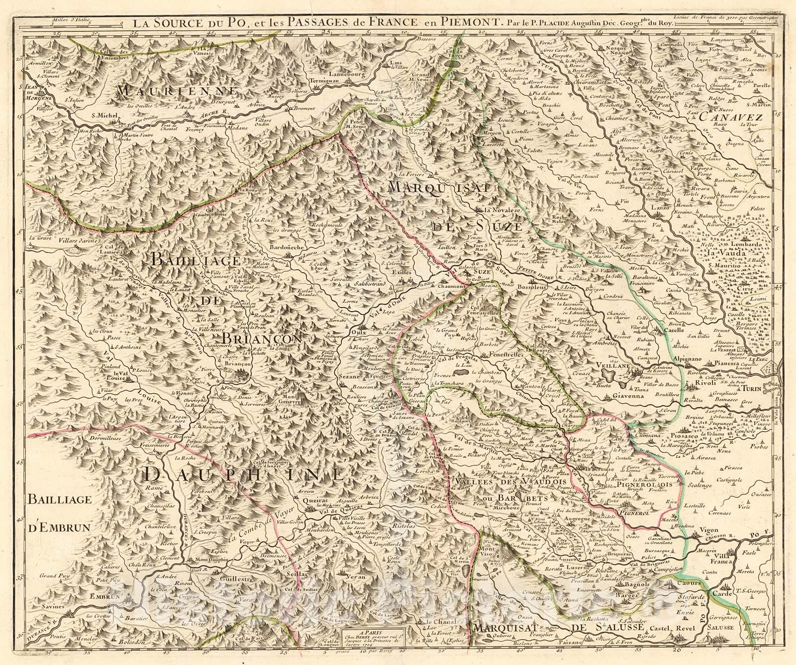 Historic Map : La source du Po, et passages de France en Piemont, 1714, Vintage Wall Decor