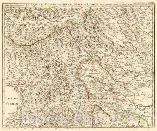 Historic Map : La source du Po, et passages de France en Piemont, 1714, Vintage Wall Decor