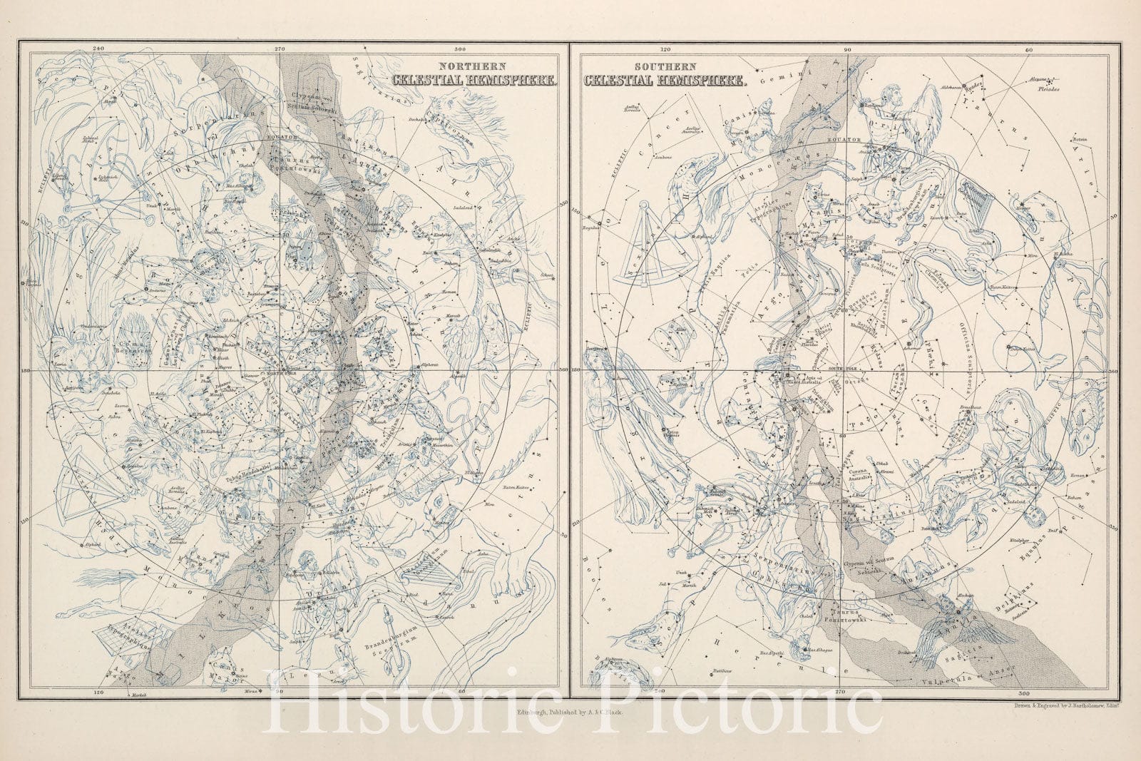 Historic Map : Northern Celestial Hemisphere. Southern Celestial Hemisphere., 1884, Vintage Wall Decor