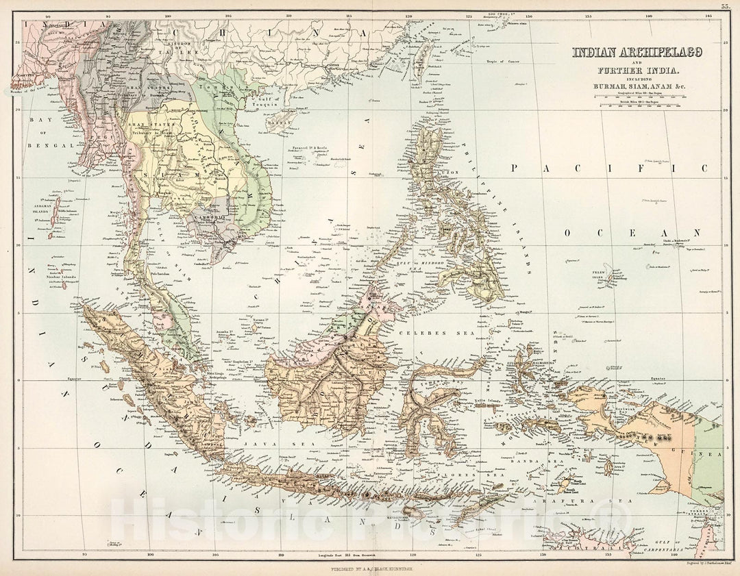 Historic Map : Indian Archipelago and Further India including Burmah, Siam, Anam, &c., 1884, Vintage Wall Decor