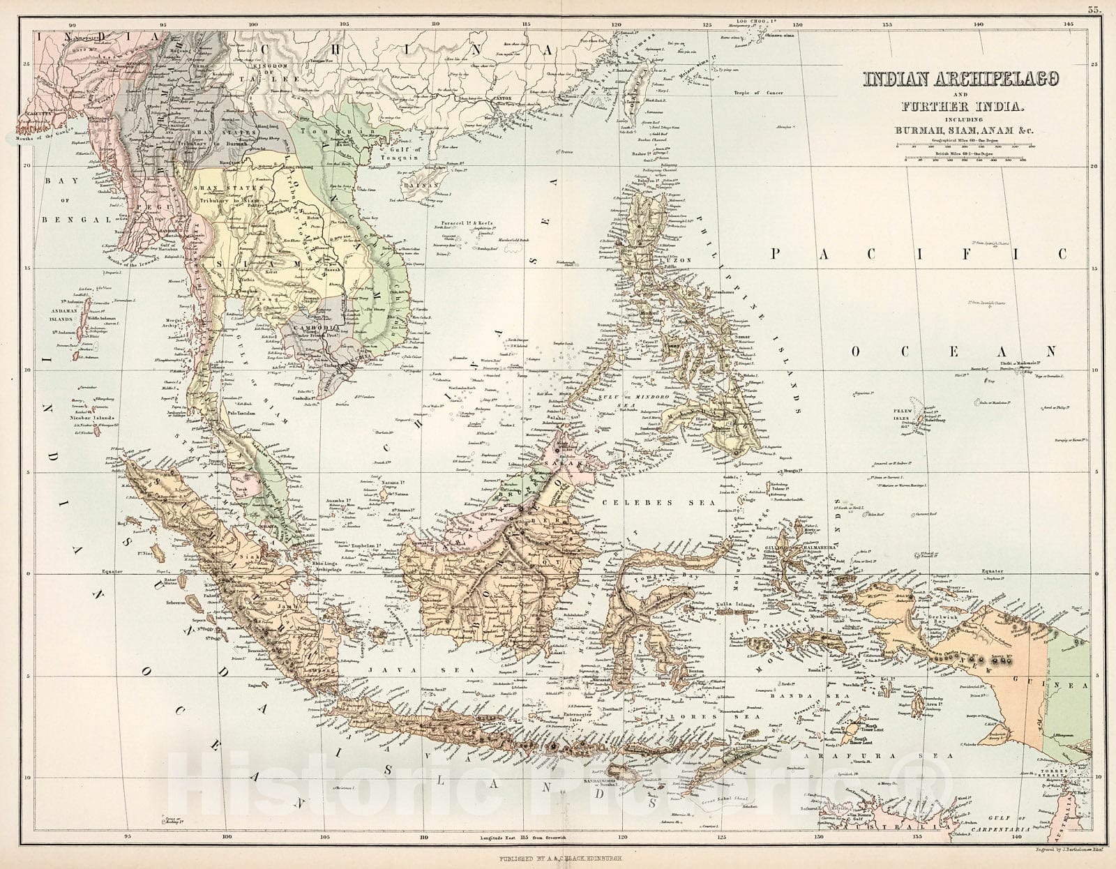 Historic Map : Indian Archipelago and Further India including Burmah, Siam, Anam, &c., 1884, Vintage Wall Decor