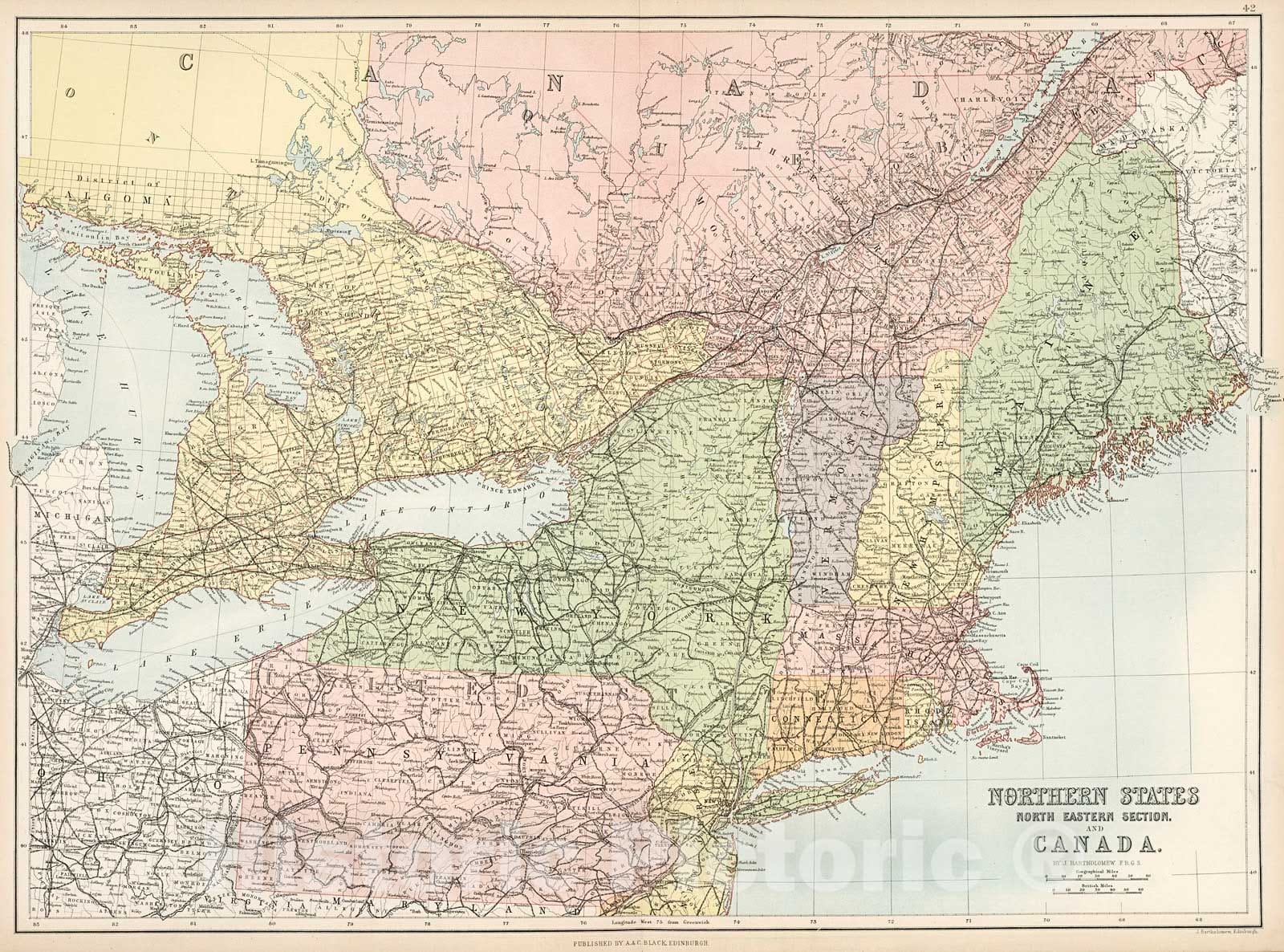 Historic Map : Northern States North Eastern Section and Canada., 1884, Vintage Wall Decor