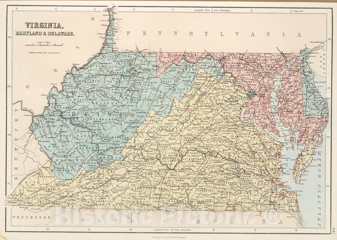 Historic Map : Virginia, Maryland & Delaware., 1884, Vintage Wall Decor