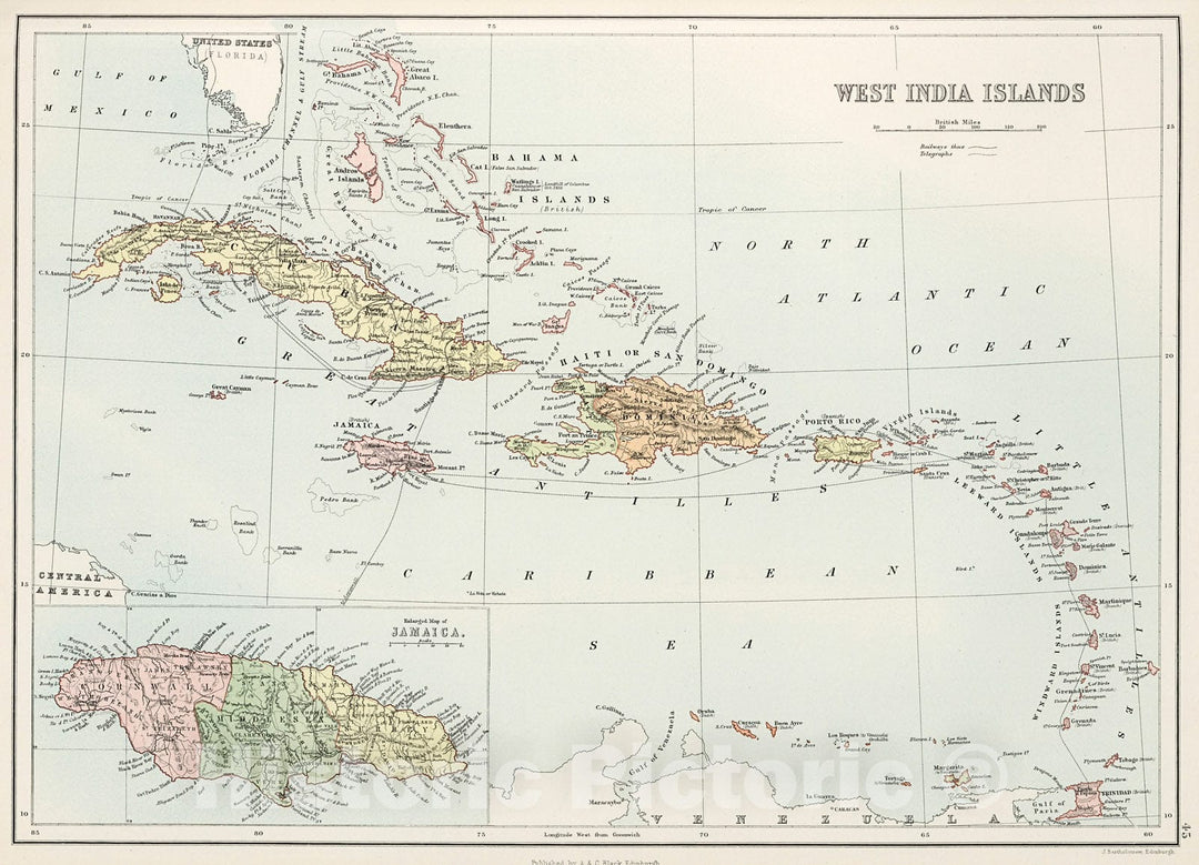 Historic Map : West India Islands., 1884, Vintage Wall Decor