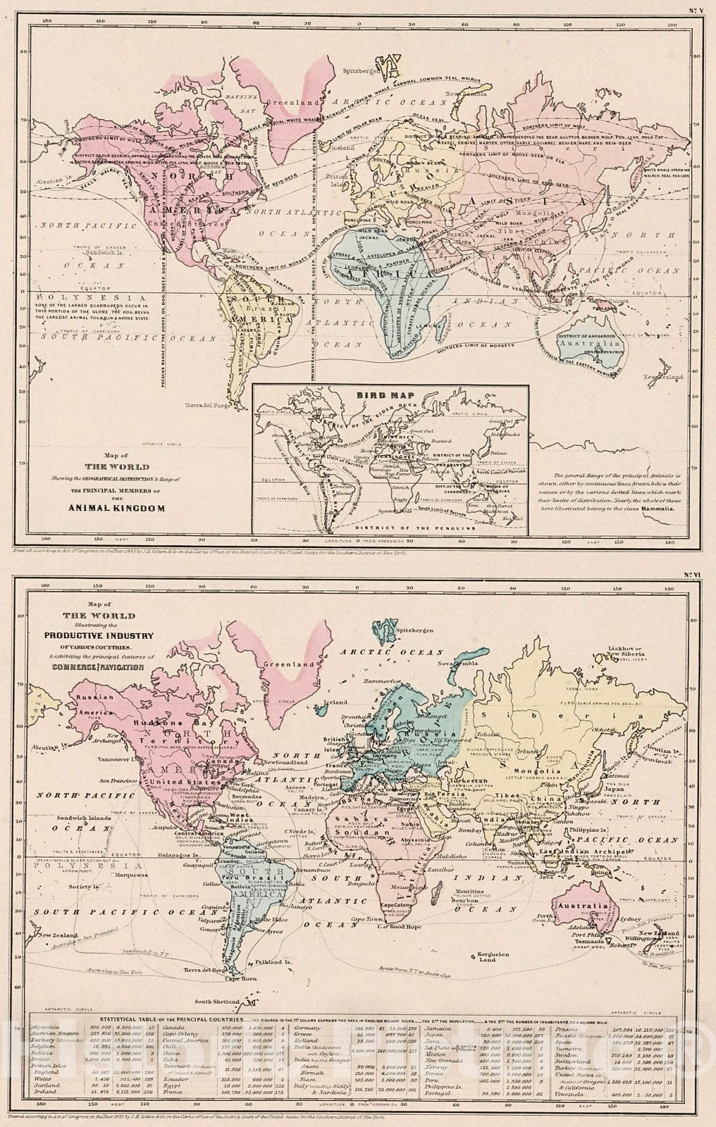 Historic Map : World ... the Animal Kingdom. World ... Productive Industry., 1861, Vintage Wall Decor