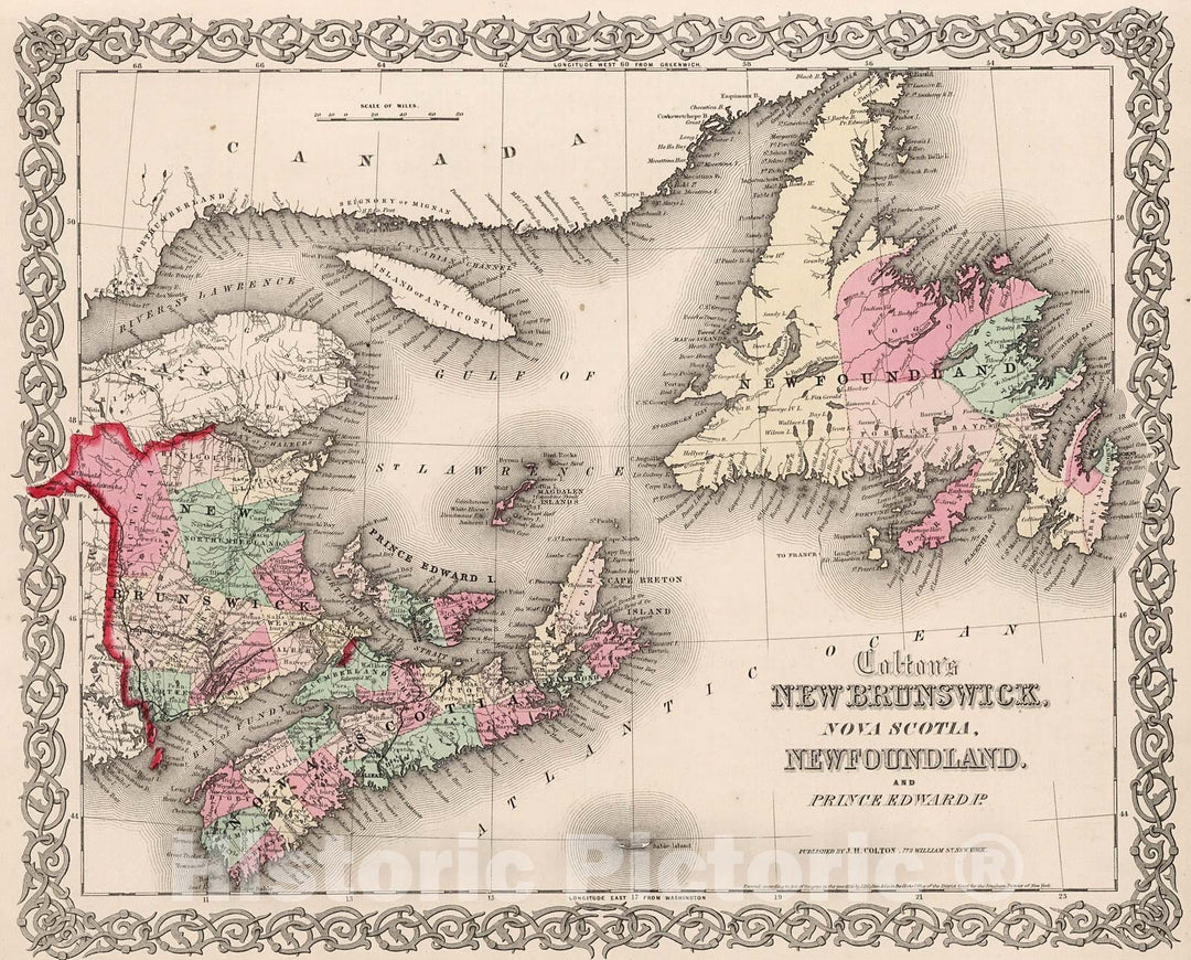 Historic Map - Colton's New Brunswick, Nova Scotia, Newfoundland and Prince Edward Id, 1871, G.W. & C.B. Colton - Vintage Wall Art