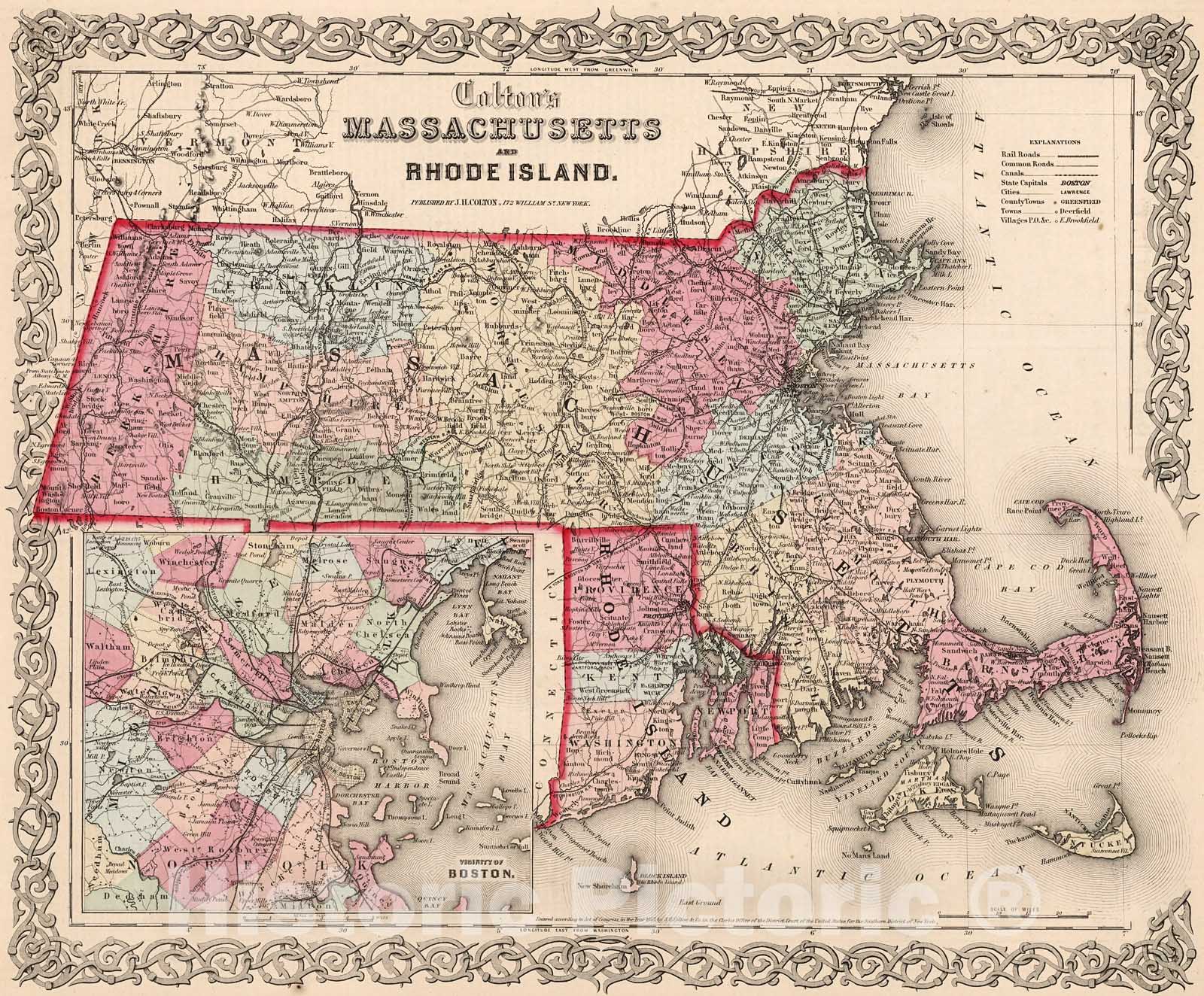 Historic Map : Massachusetts and Rhode Island., 1861, Vintage Wall Decor