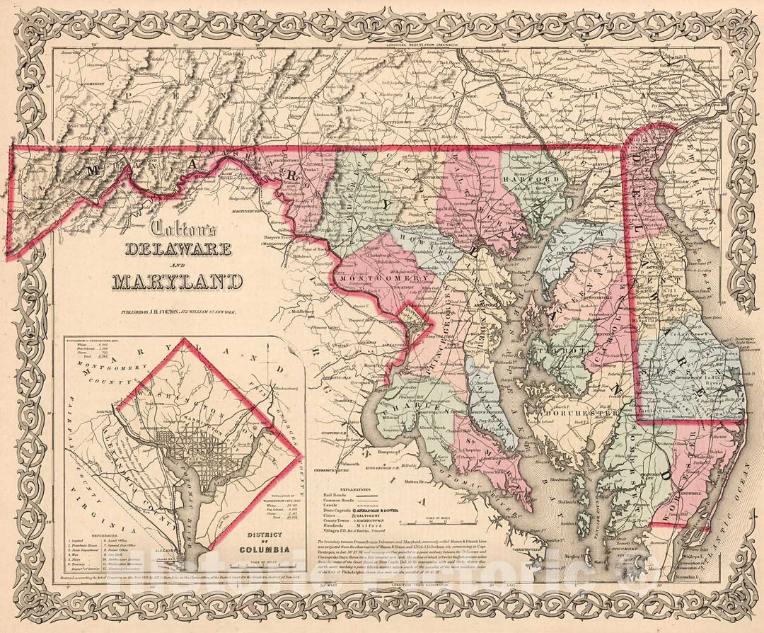 Historic Map : Delaware and Maryland., 1861, Vintage Wall Decor