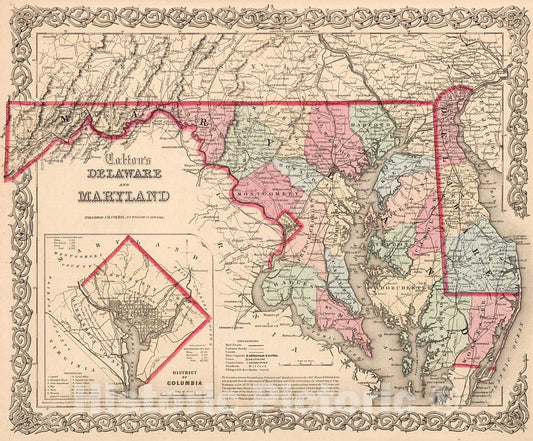Historic Map : Delaware and Maryland., 1861, Vintage Wall Decor