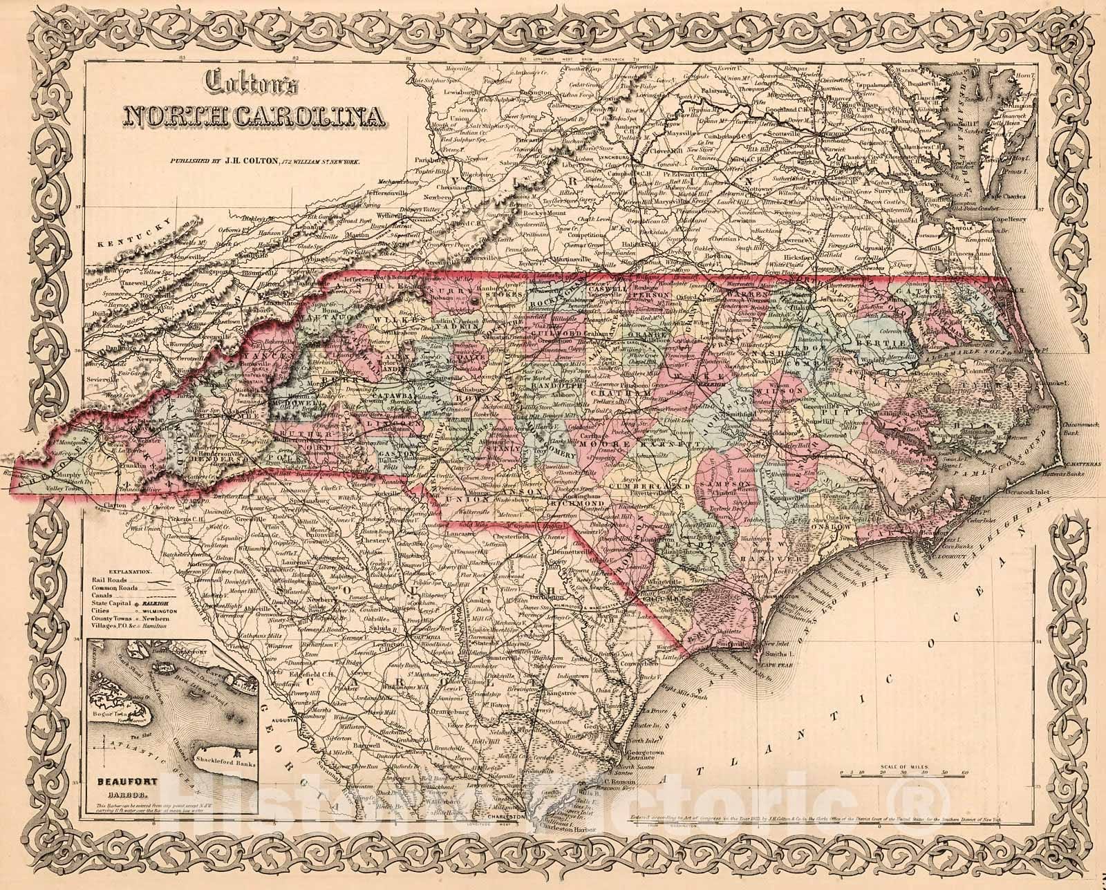 Historic Map : North Carolina., 1861, Vintage Wall Decor