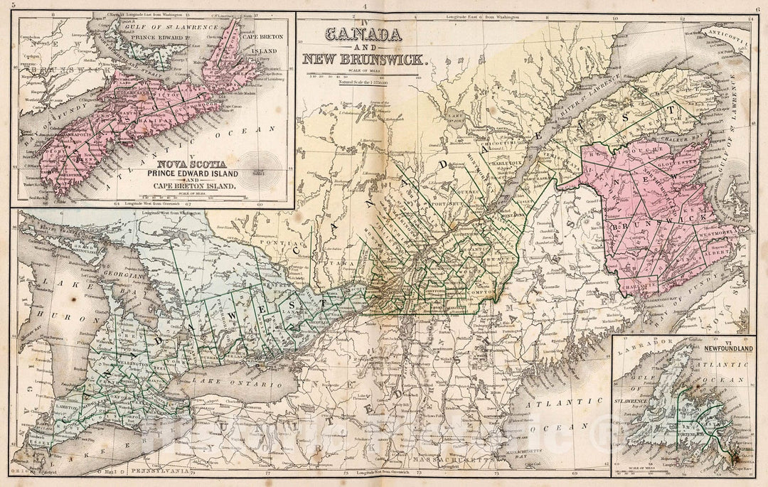 Historic Map : Map No. IV-VI. Canada and New Brunswick. Nova Scotia, Prince Edward Island and Cape Breton Island. VI. Newfoundland., 1865, Vintage Wall Decor
