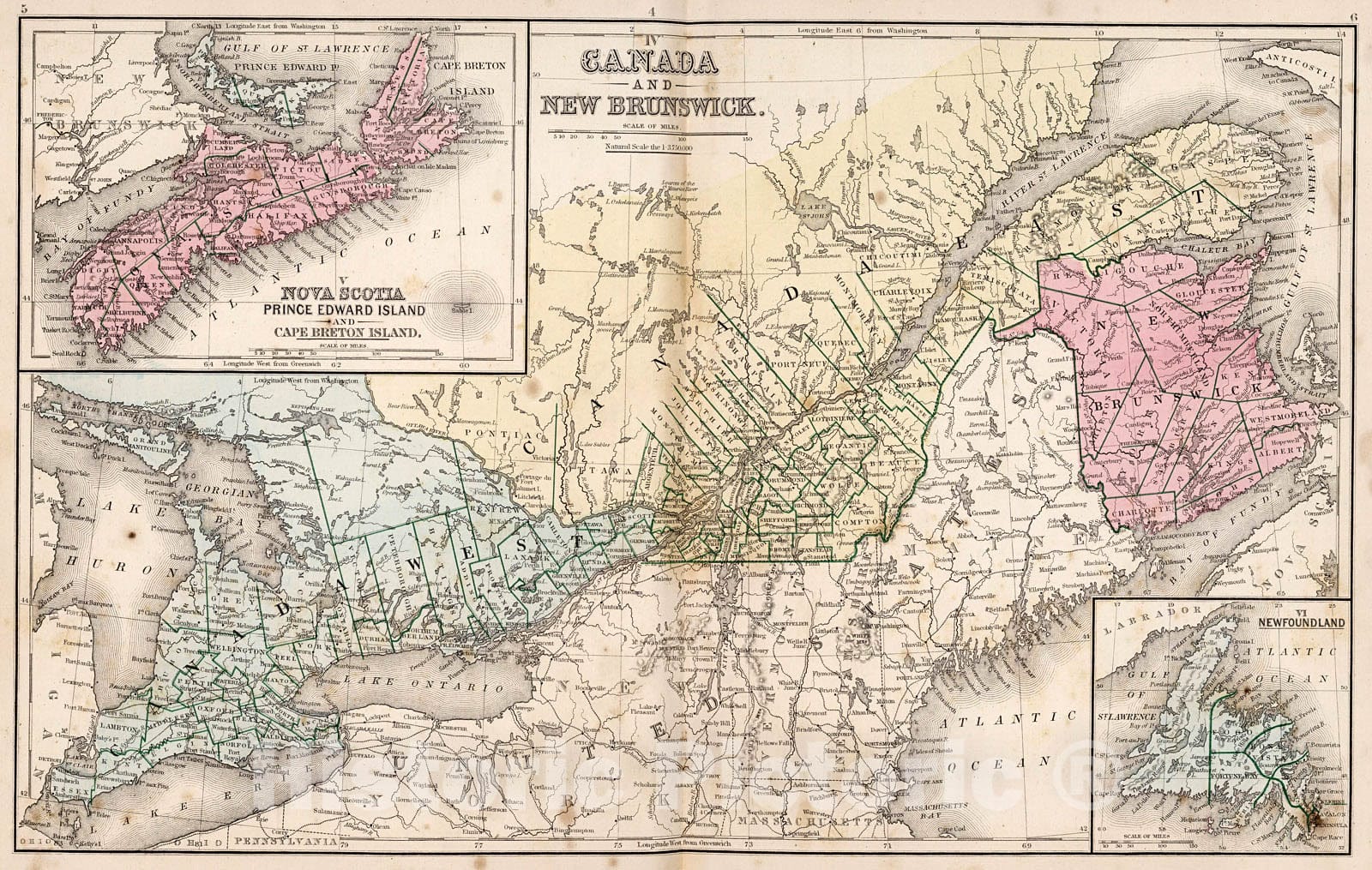 Historic Map : Map No. IV-VI. Canada and New Brunswick. Nova Scotia, Prince Edward Island and Cape Breton Island. VI. Newfoundland., 1865, Vintage Wall Decor