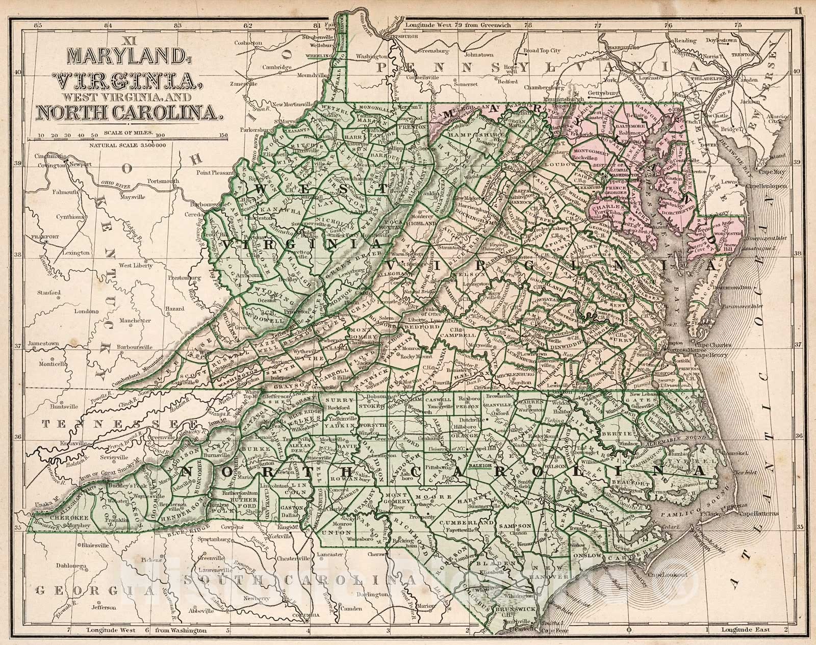 Historic Map : Map No. XI. Maryland, Virginia, West Virginia, and North Carolina, 1865, Vintage Wall Decor