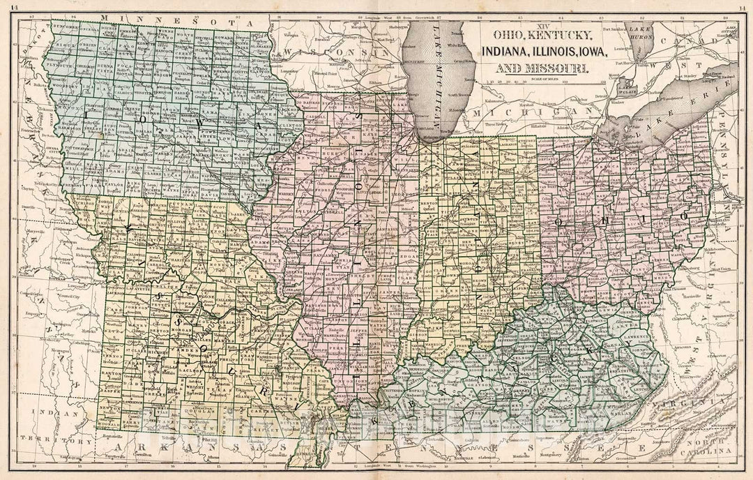 Historic Map : Map No. XIV. Ohio, Kentucky, Indiana,Illinois, Iowa, and Missouri., 1865, Vintage Wall Decor