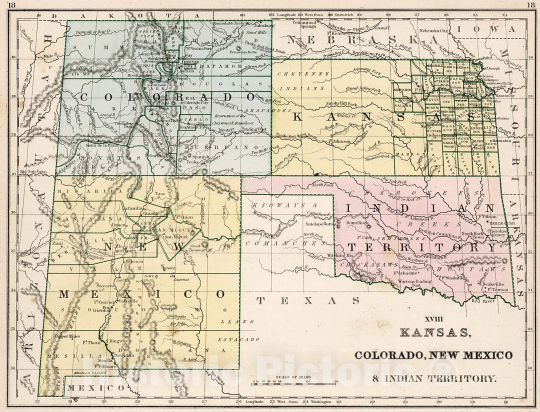 Historic Map : Map No. XVIII. Kansas, Colorado, New Mexico & Indian Territory, 1865, Vintage Wall Decor