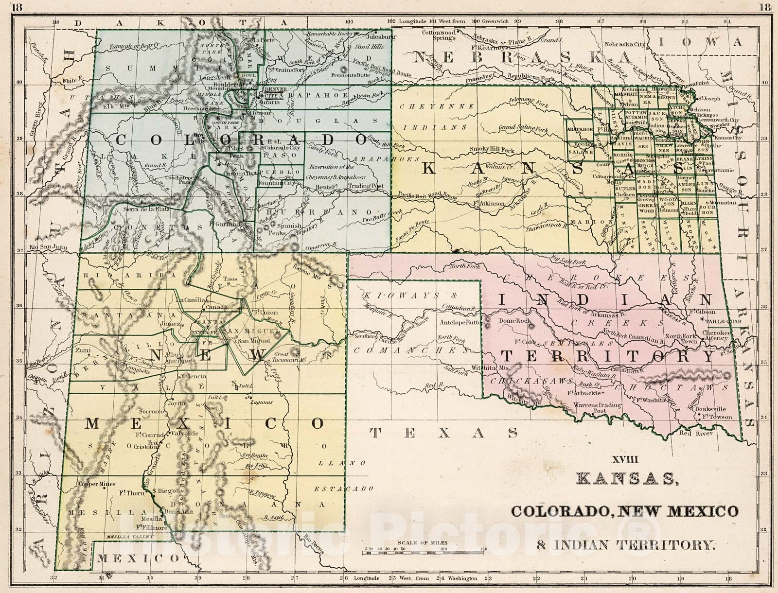 Historic Map : Map No. XVIII. Kansas, Colorado, New Mexico & Indian Territory, 1865, Vintage Wall Decor
