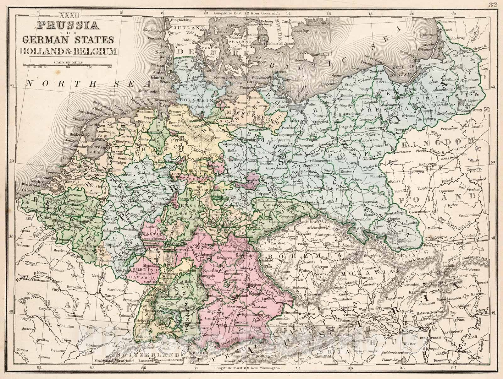 Historic Map : Map No. XXXII. Prussia the German States, Holland & Belgium, 1865, Vintage Wall Decor